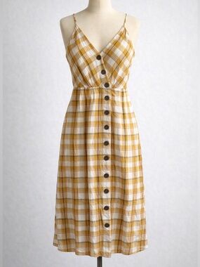 Mustard Seed Yellow and Cream Plaid Button-Front Midi Dress